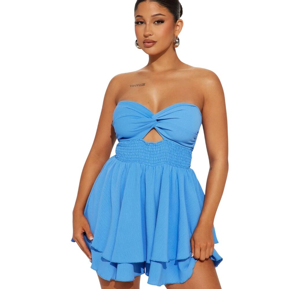 NWT Fashion Nova Love In The Air Romper Blue Strapless Cutout Smocked Small